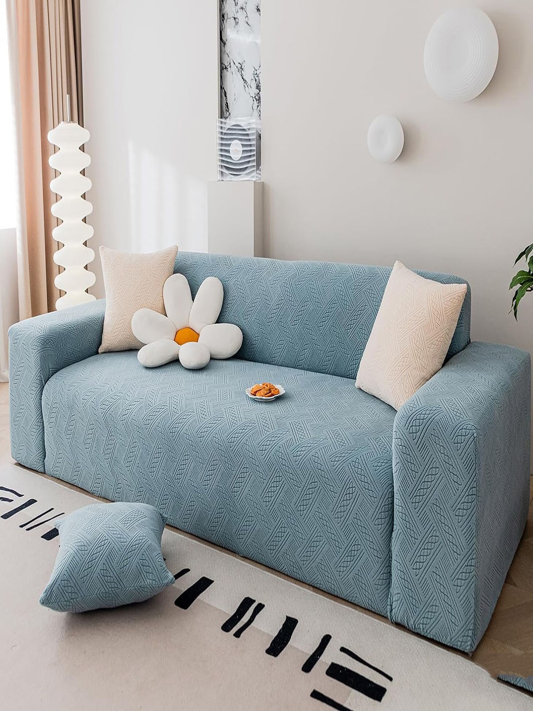 

HOUSE OF QUIRK Blue Self Design Jacquard Stretchable 4 Seater Sofa Cover With Arms