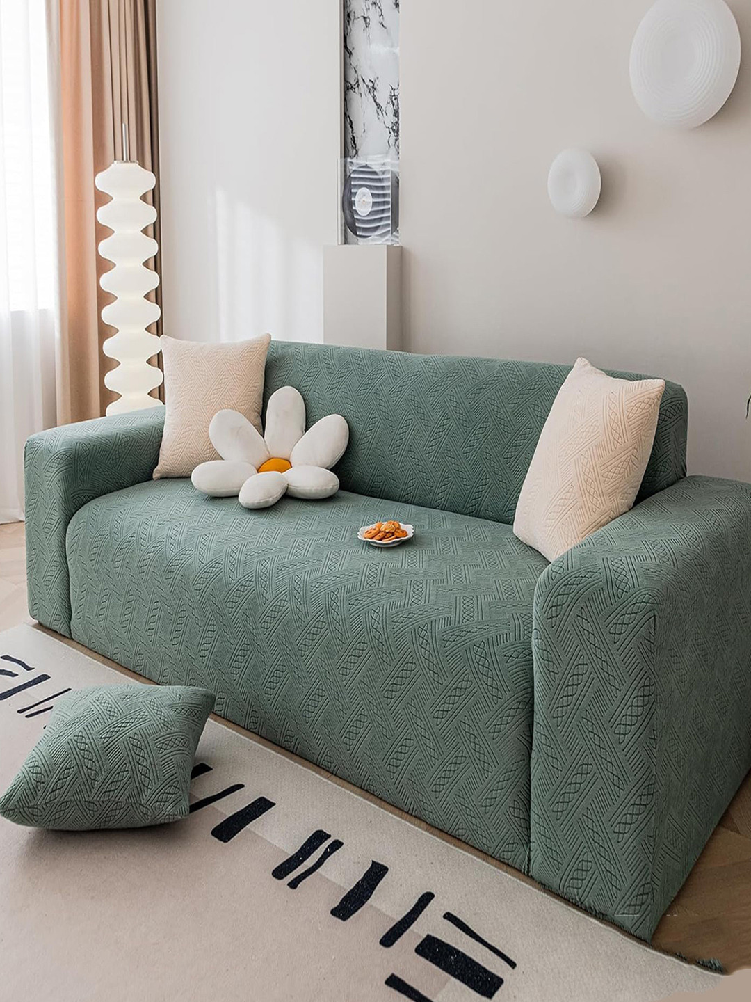 

HOUSE OF QUIRK Green Jacquard Self-designed Flexible Stretchable 4-seater Sofa Slipcover