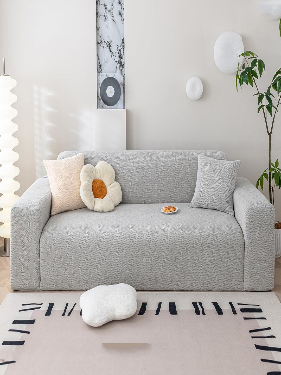 

HOUSE OF QUIRK Grey Self Design Jacquard Stretchable Double Seater Sofa Cover With Arms