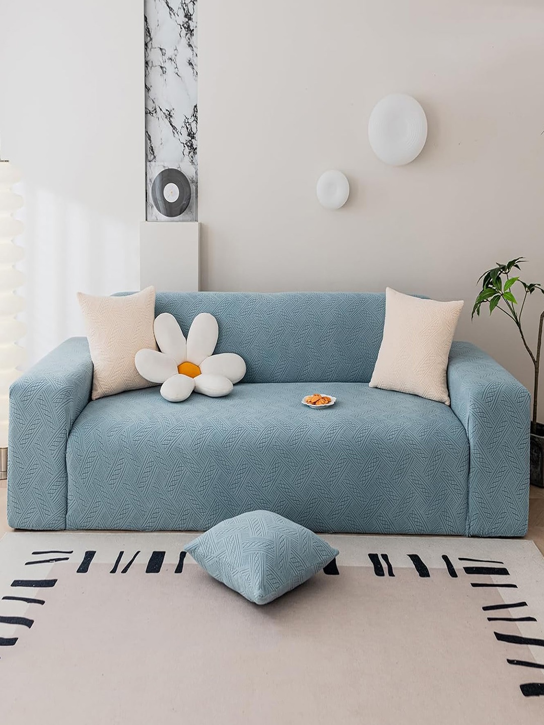 

HOUSE OF QUIRK Blue Textured Jacquard Flexible Stretch Double Seater Sofa Cover