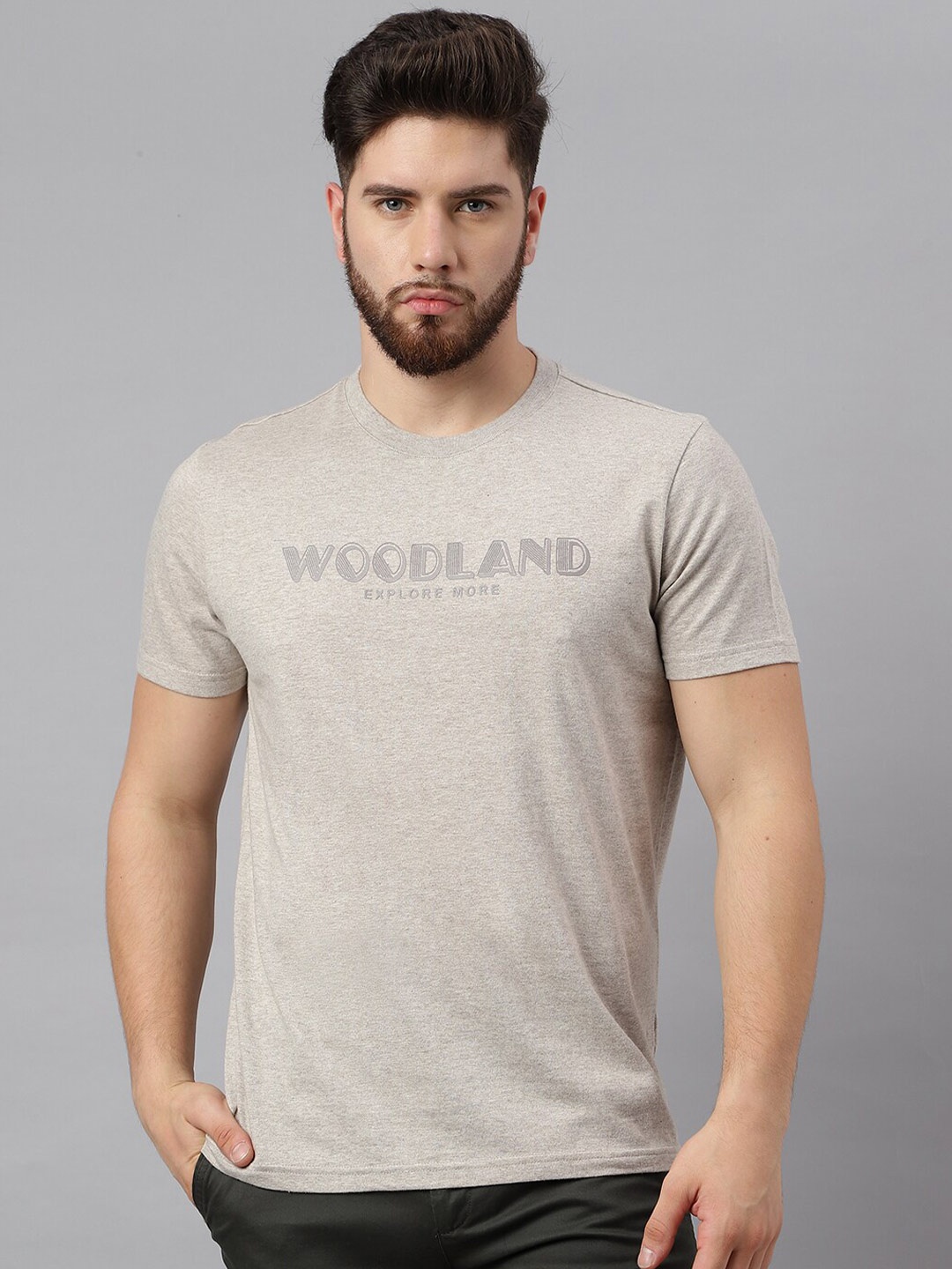 

Woodland Typography Printed Pure Cotton T-shirt, Grey