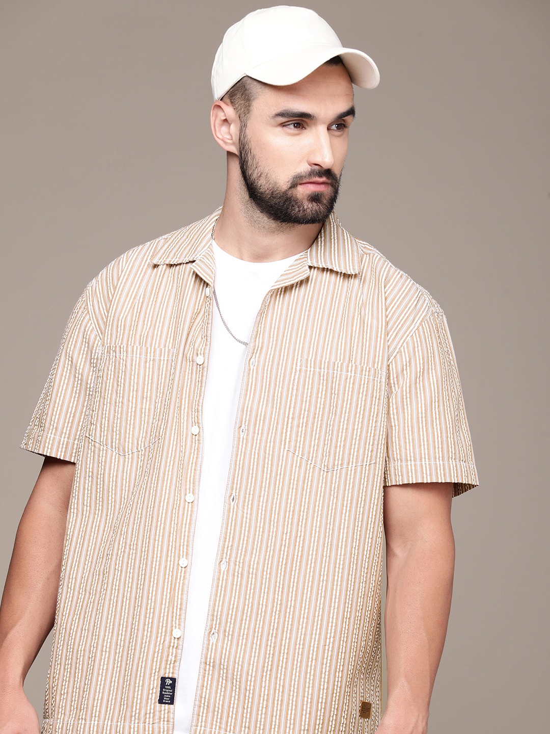 

Roadster Men Relaxed Striped Cuban Collar Seersucker Casual Shirt, Beige