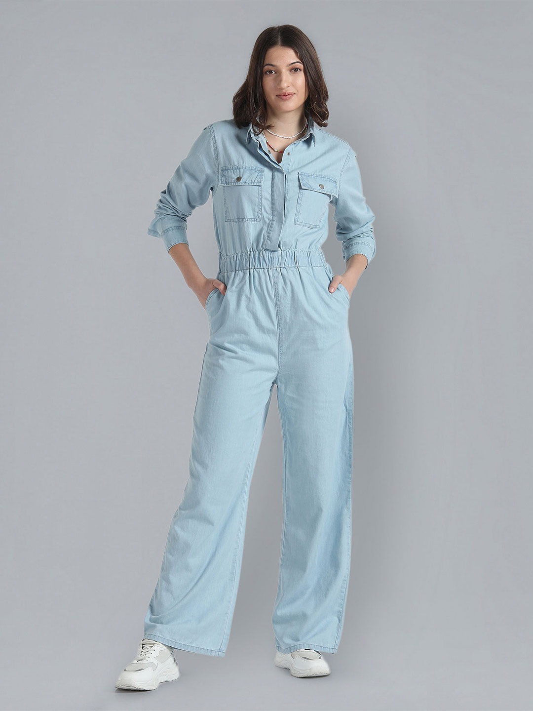 

Flying Machine Shirt Collar Cotton Basic Jumpsuit, Blue