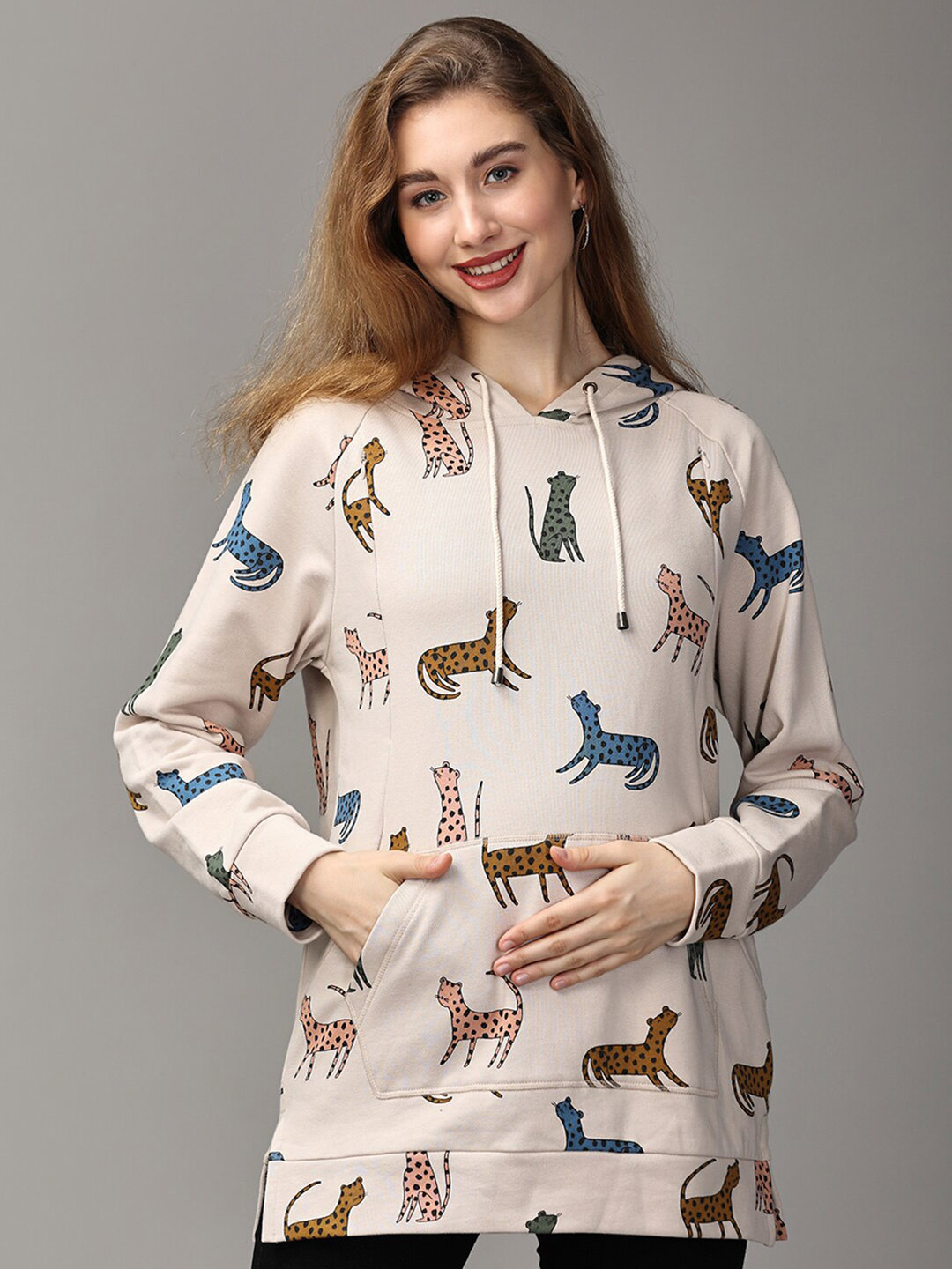 

The Mom Store Conversational Printed Hooded Cotton Sweatshirt, Beige