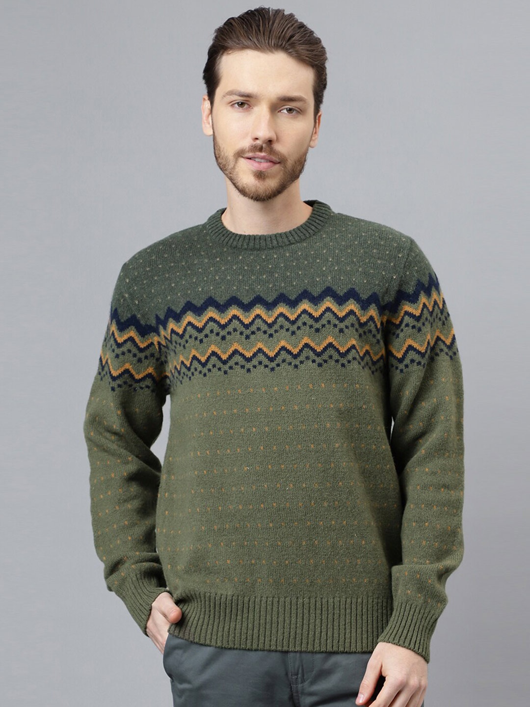 

Woodland Geometric Self Design Woollen Pullover Sweater, Olive