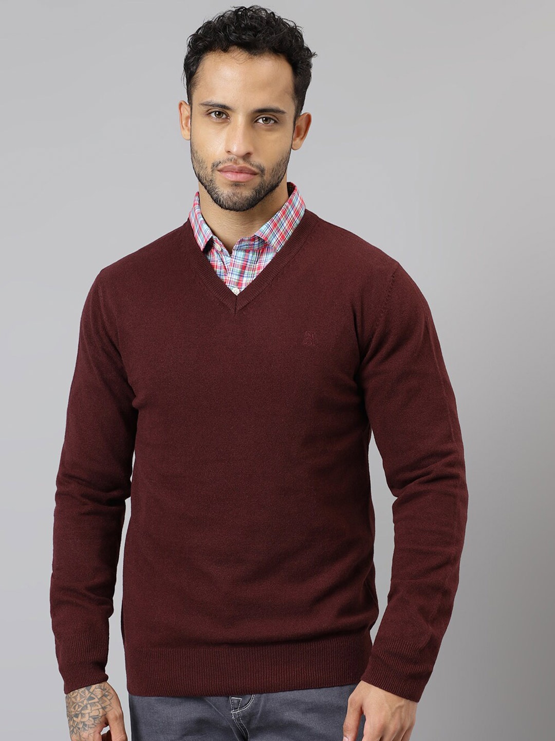 

Woodland V-Neck Long Sleeves Pullover Sweater, Red