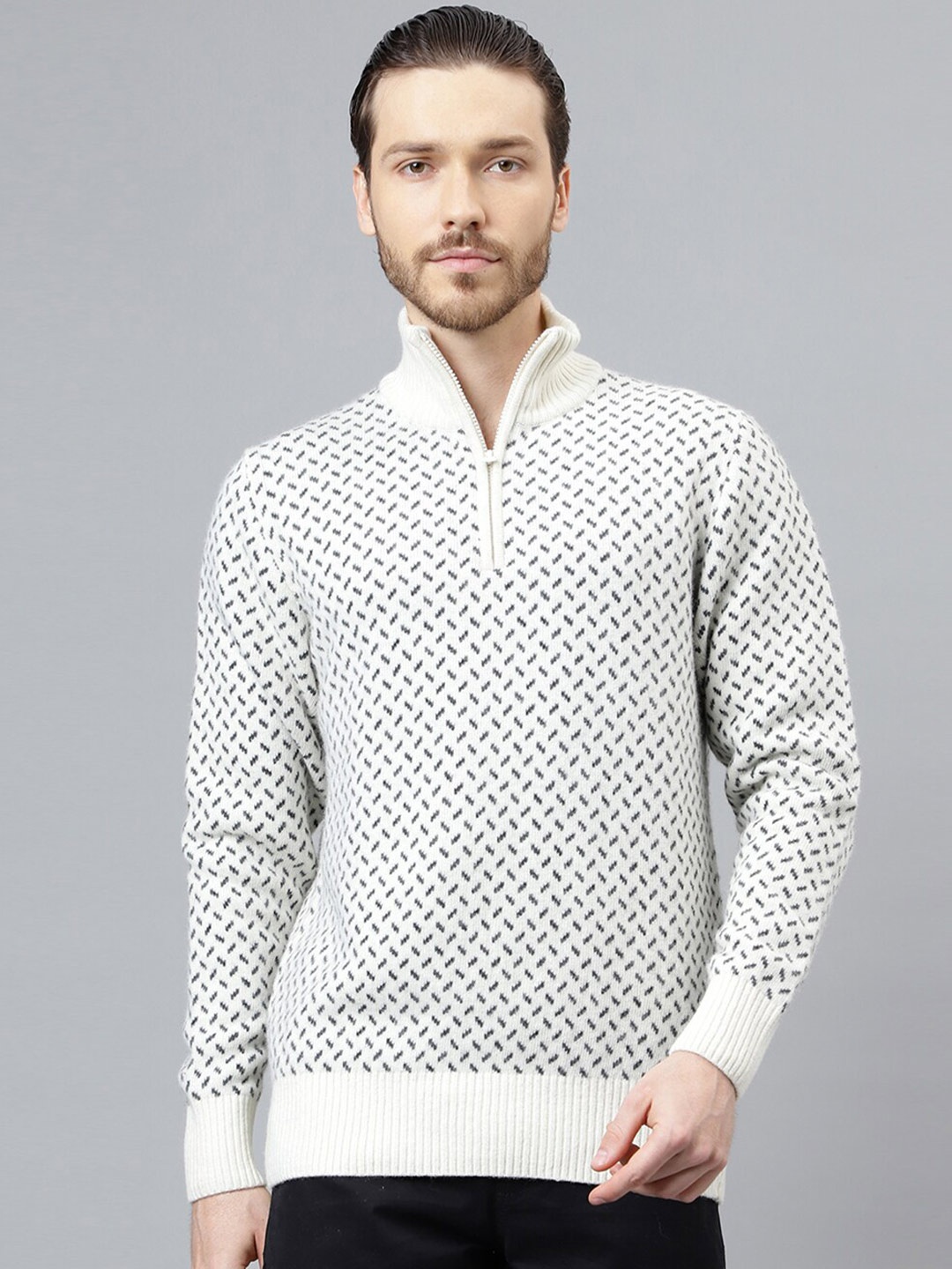 

Woodland Geometric Self Design Mock Collar Pullover Sweater, Off white