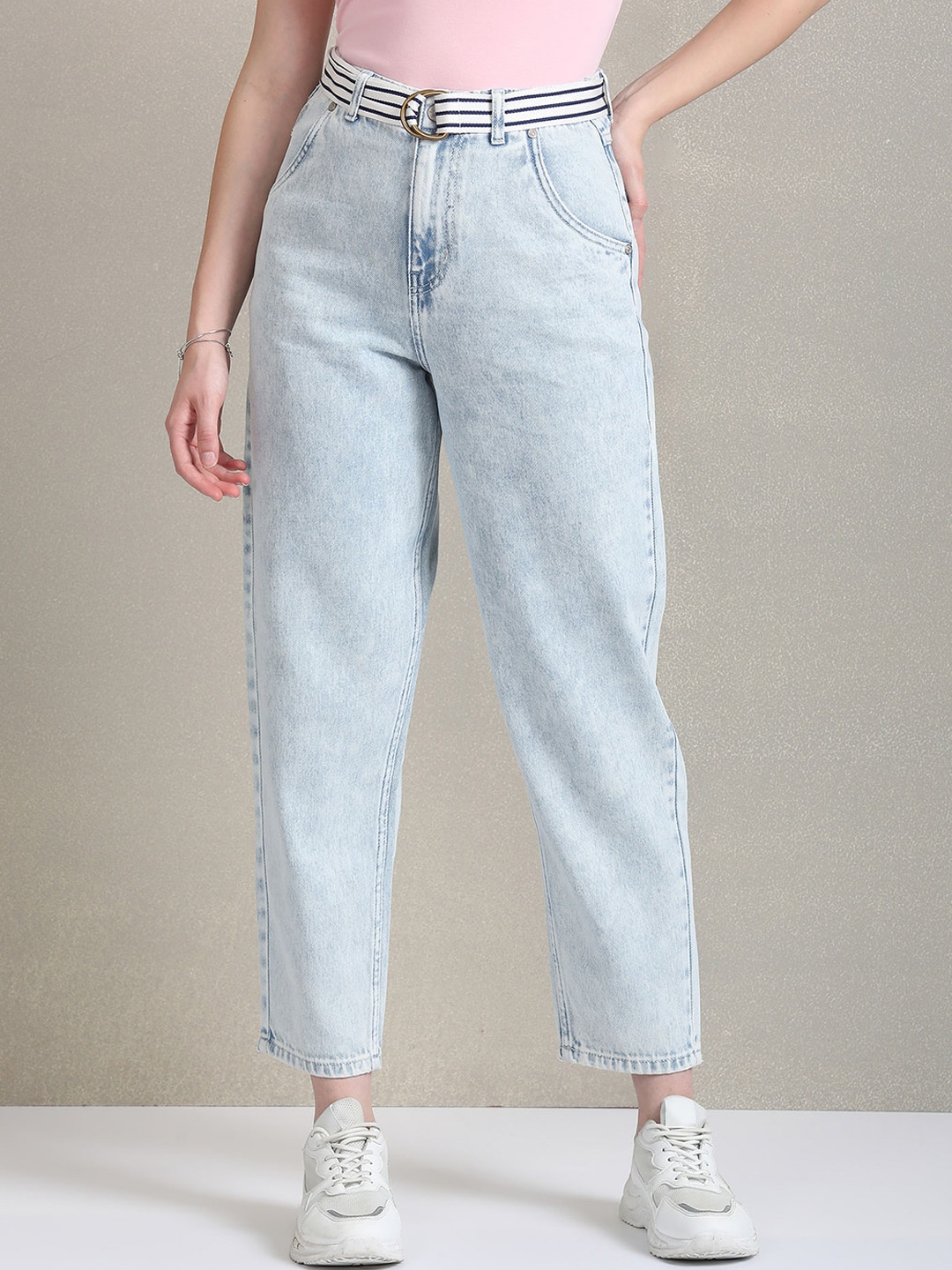 

U.S. Polo Assn. Women Tapered Fit High-Rise Heavy Fade Pure Cotton Jeans, Blue