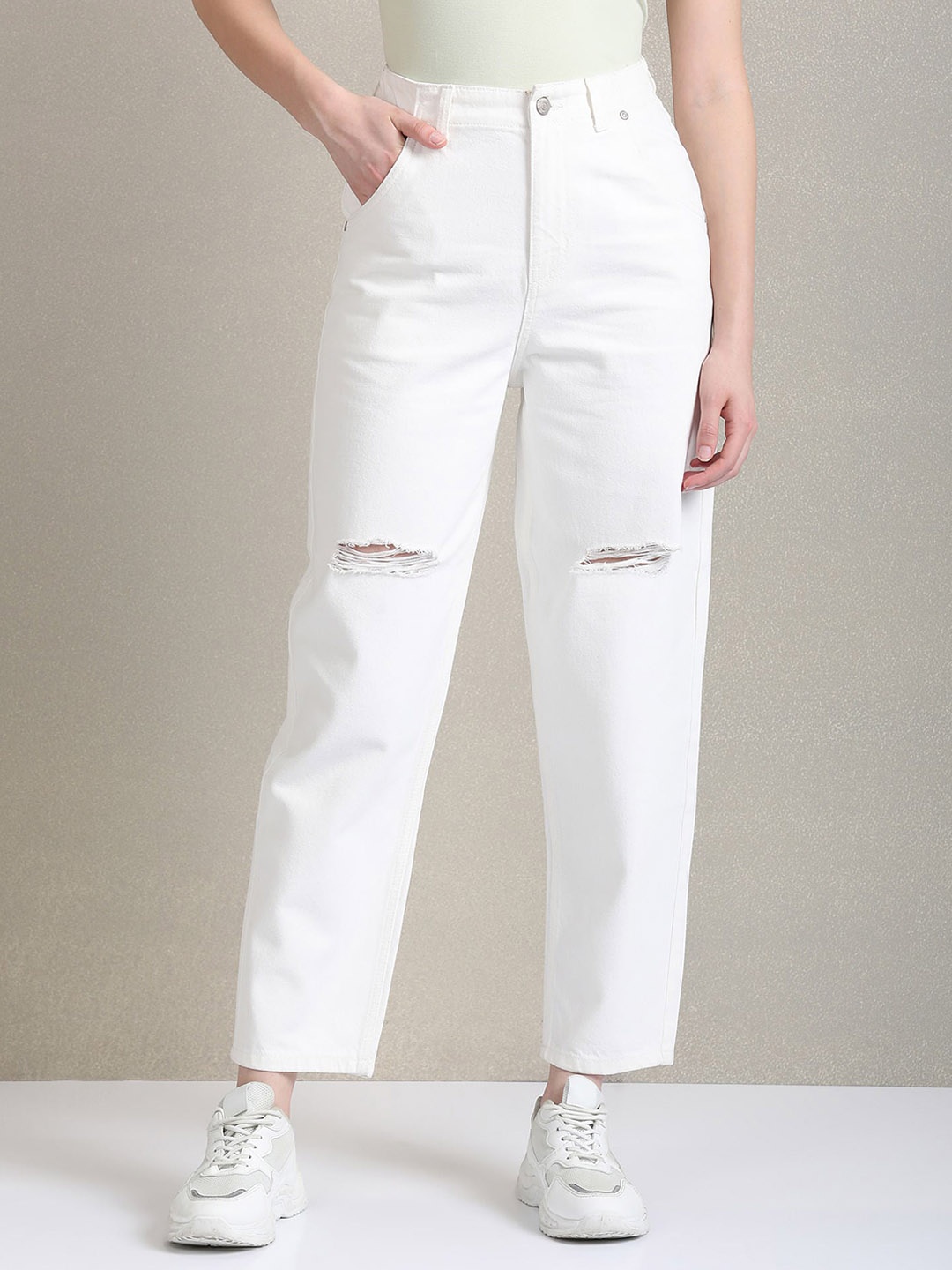 

U.S. Polo Assn. Women White Tapered Fit High-Rise Slash Knee Jeans