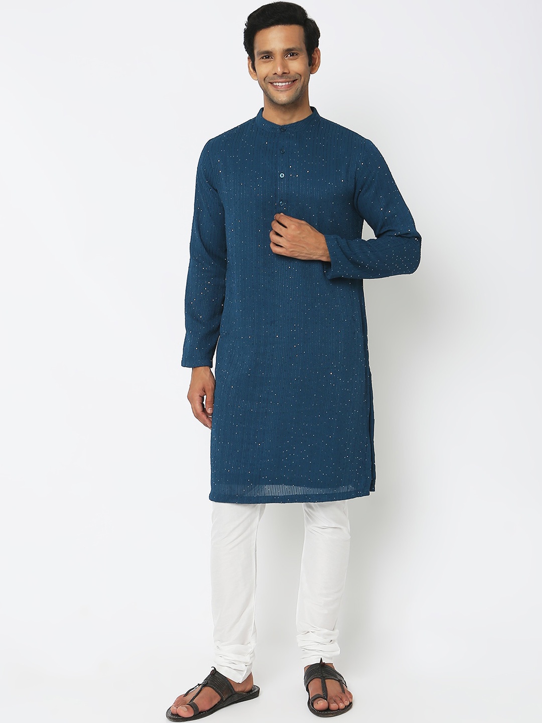 

Ethnicity Striped Embroidered Sequinned Mandarin Collar Kurta, Blue