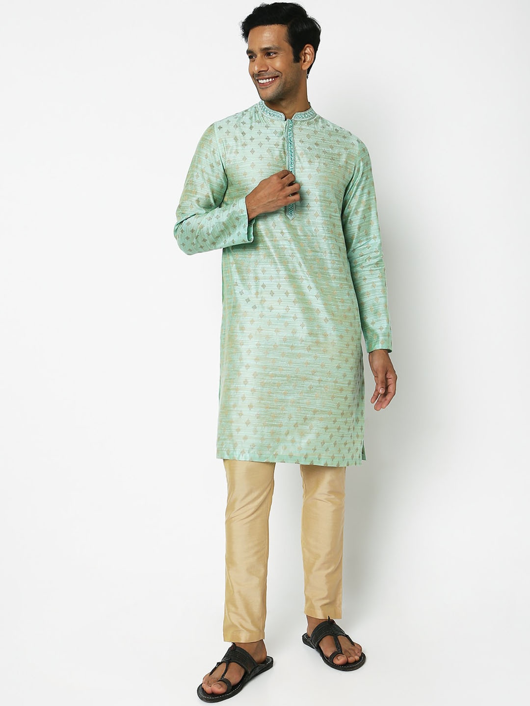 Ethnicity Woven Design Mandarin Collar Straight Kurta, Green