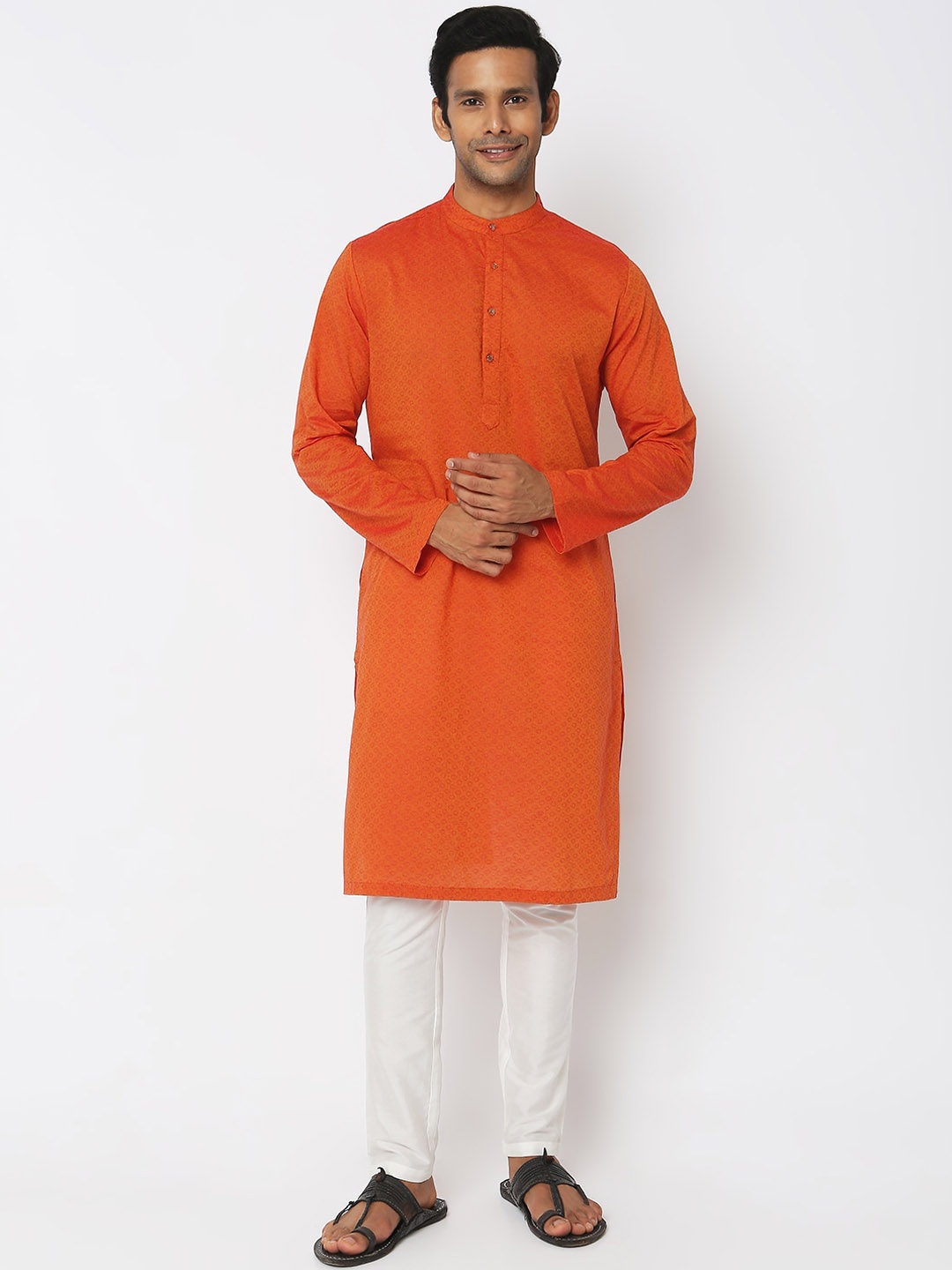 

Ethnicity Floral Woven Design Band Collar Long Sleeve Cotton Straight Kurta, Orange