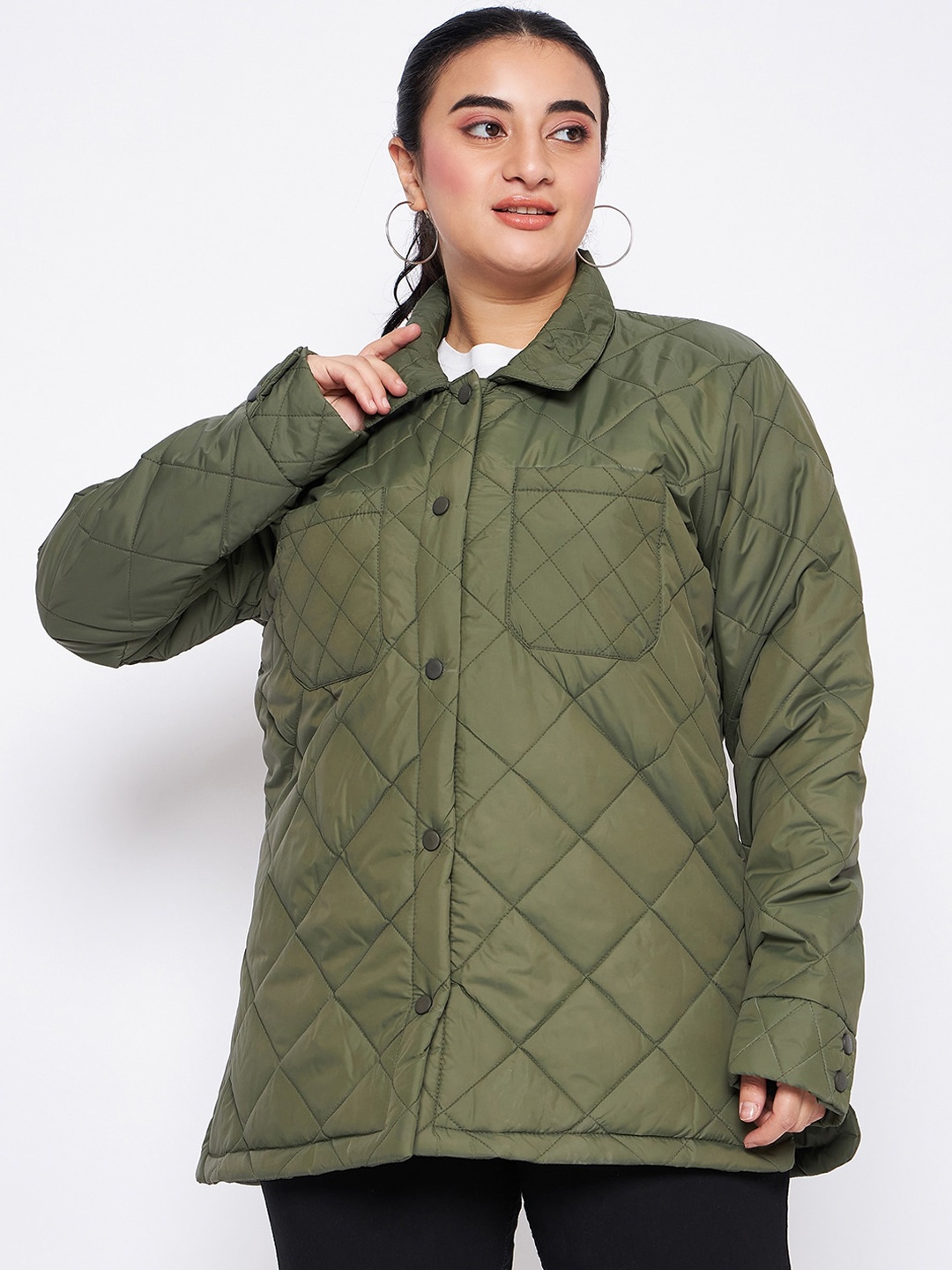 

Adobe Plus Size Lightweight Spread Collar Long Sleeves Quilted Jacket, Green
