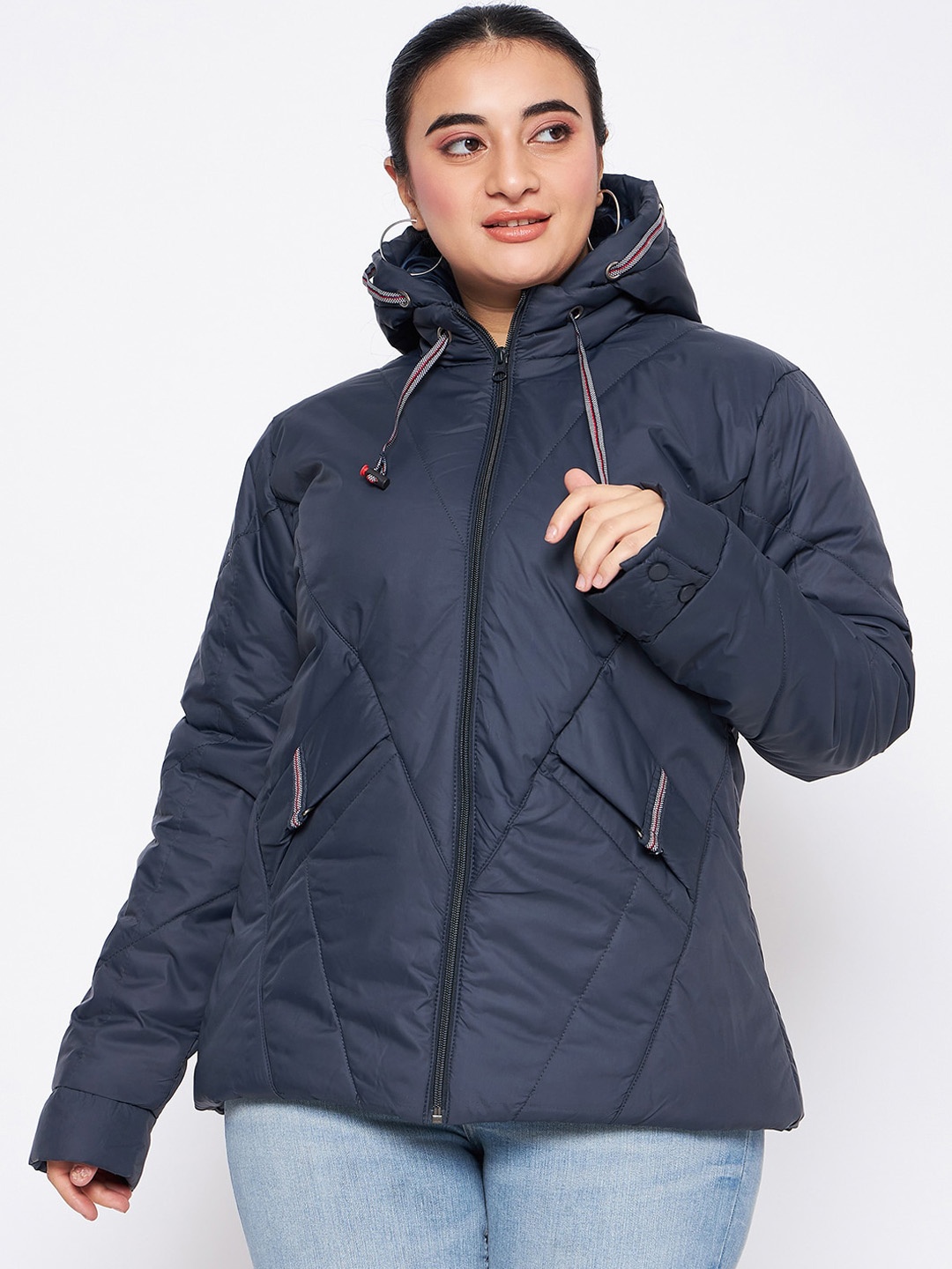 

Adobe Plus Size Lightweight Hooded Long Sleeves Quilted Jacket, Navy blue