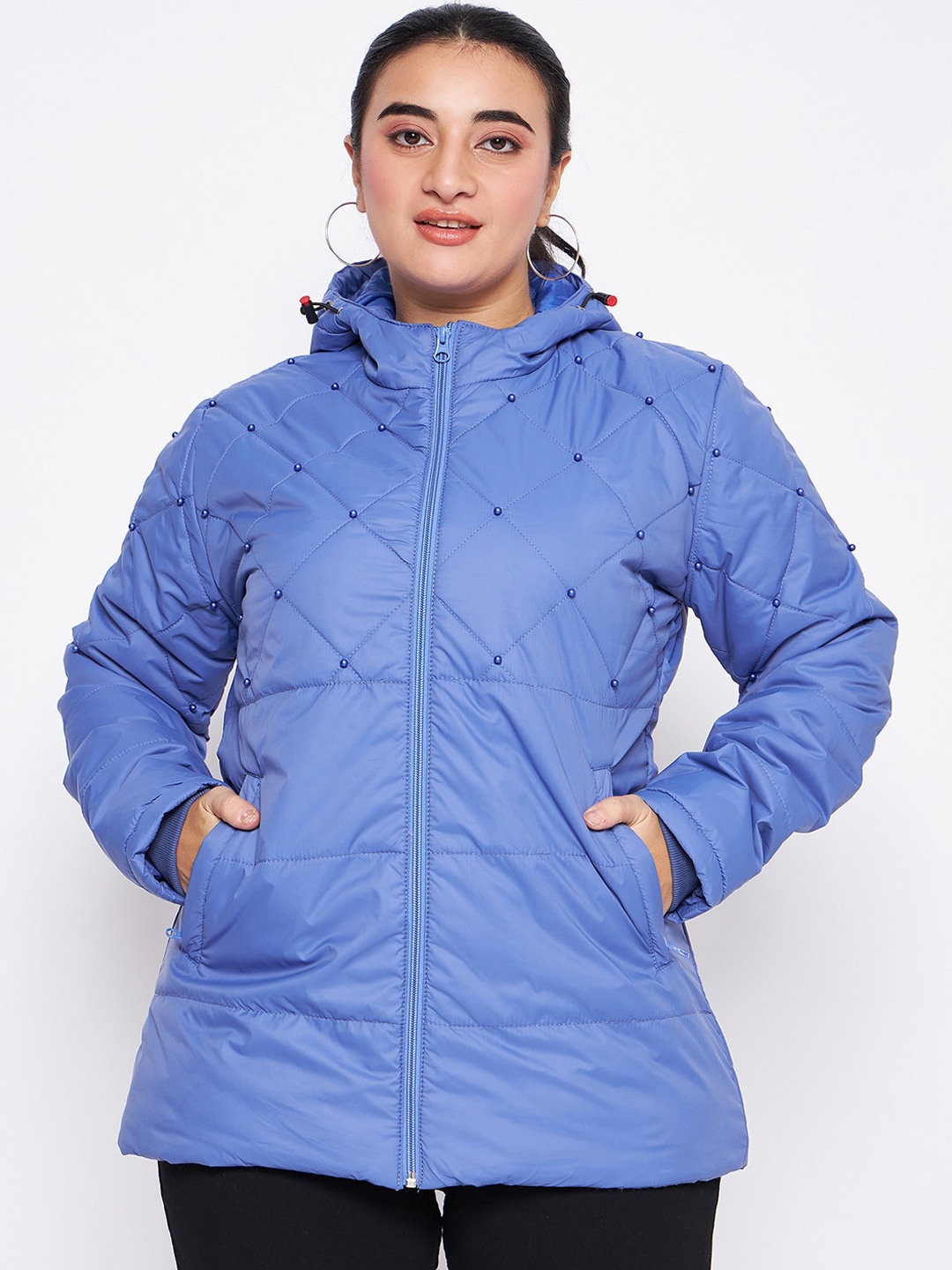 

Adobe Plus Size Lightweight Hooded Long Sleeves Studded Quilted Jacket, Blue