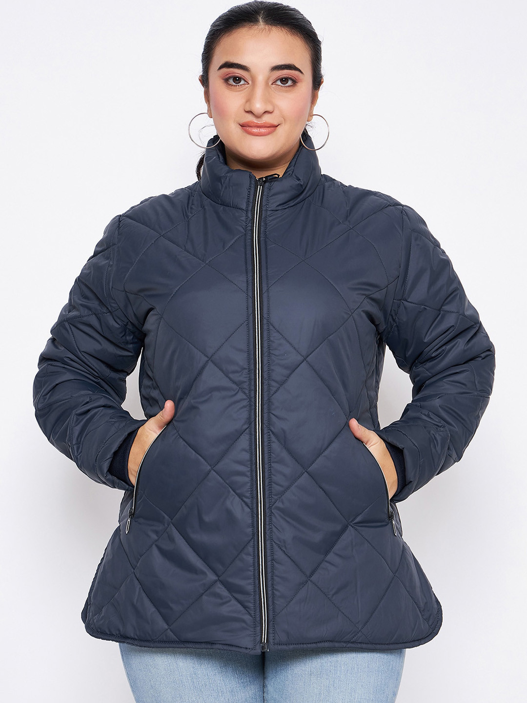 

Adobe Plus Size Lightweight Mock Collar Long Sleeves Quilted Jacket, Navy blue