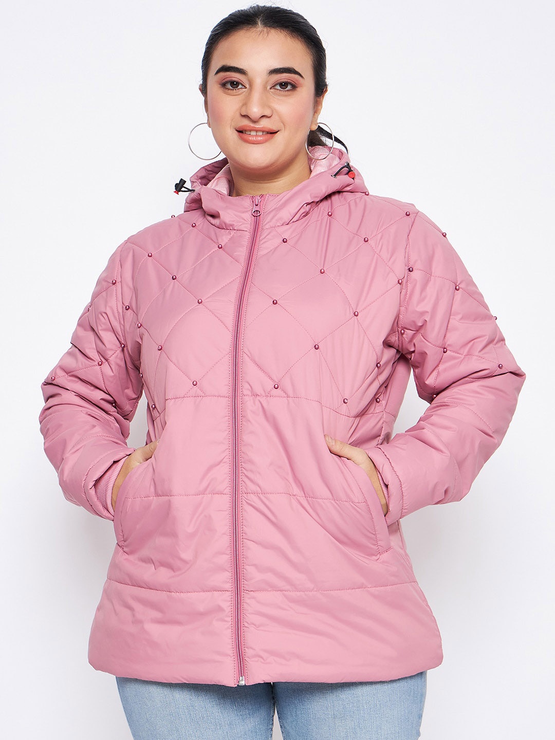 

Adobe Plus Size Lightweight Studded Longline Padded Jacket, Pink