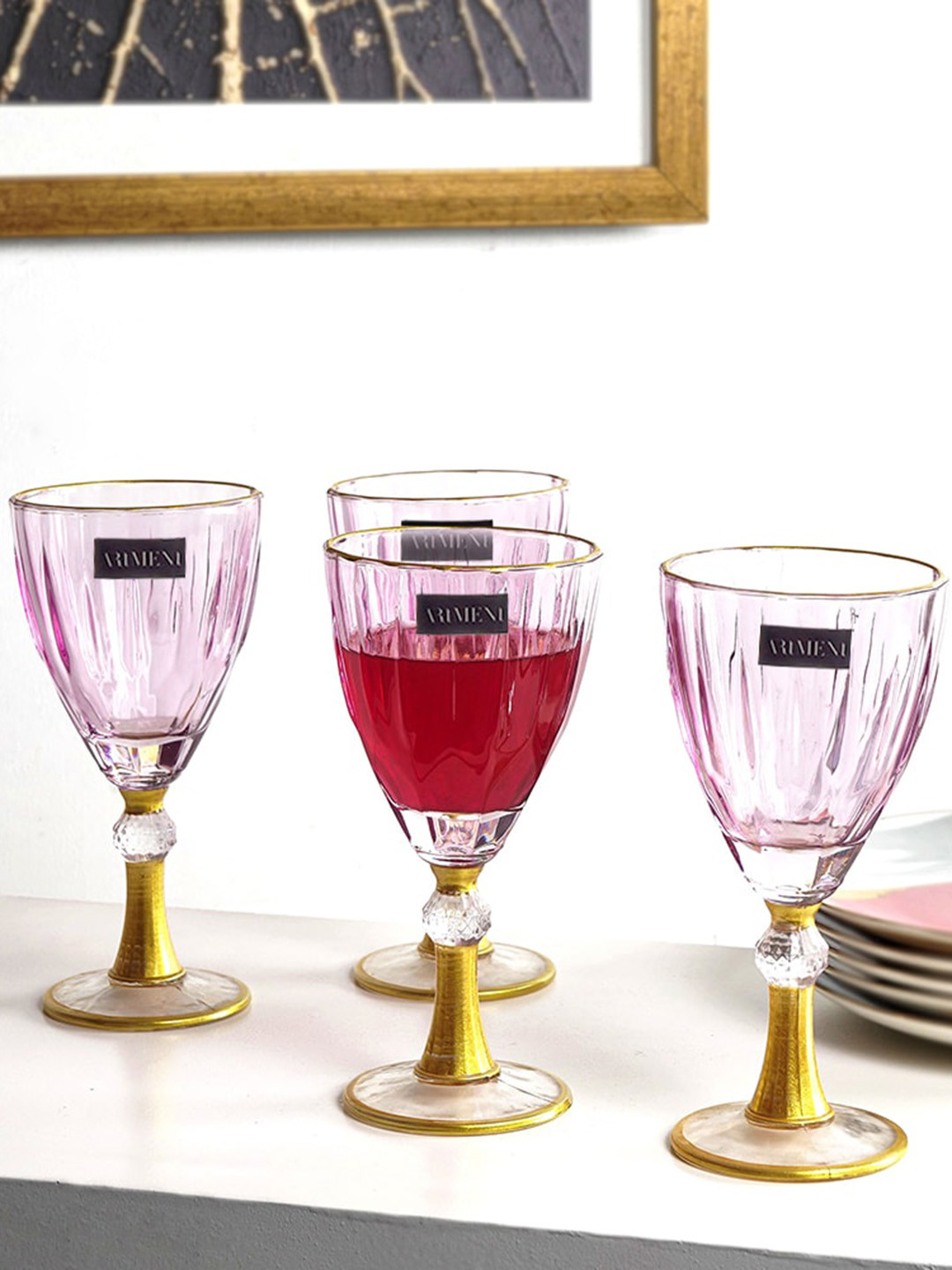 

THE ARTMENT Pink & Gold Toned 4 Pieces Stemmed Wine Glasses - 270 ml Each