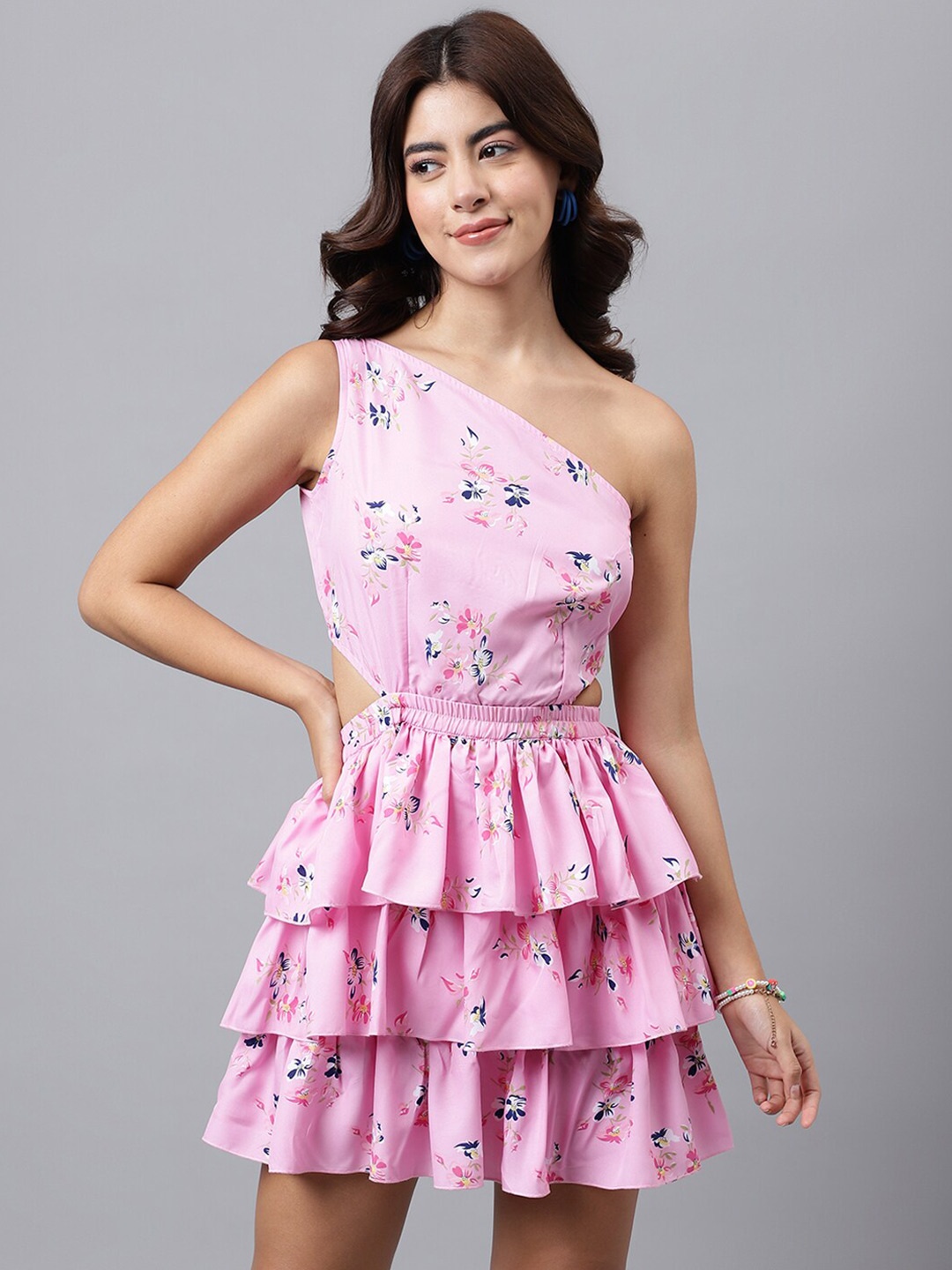 

TRYMISFIT Floral Printed One Shoulder Layered Cotton Fit & Flare Dress, Pink