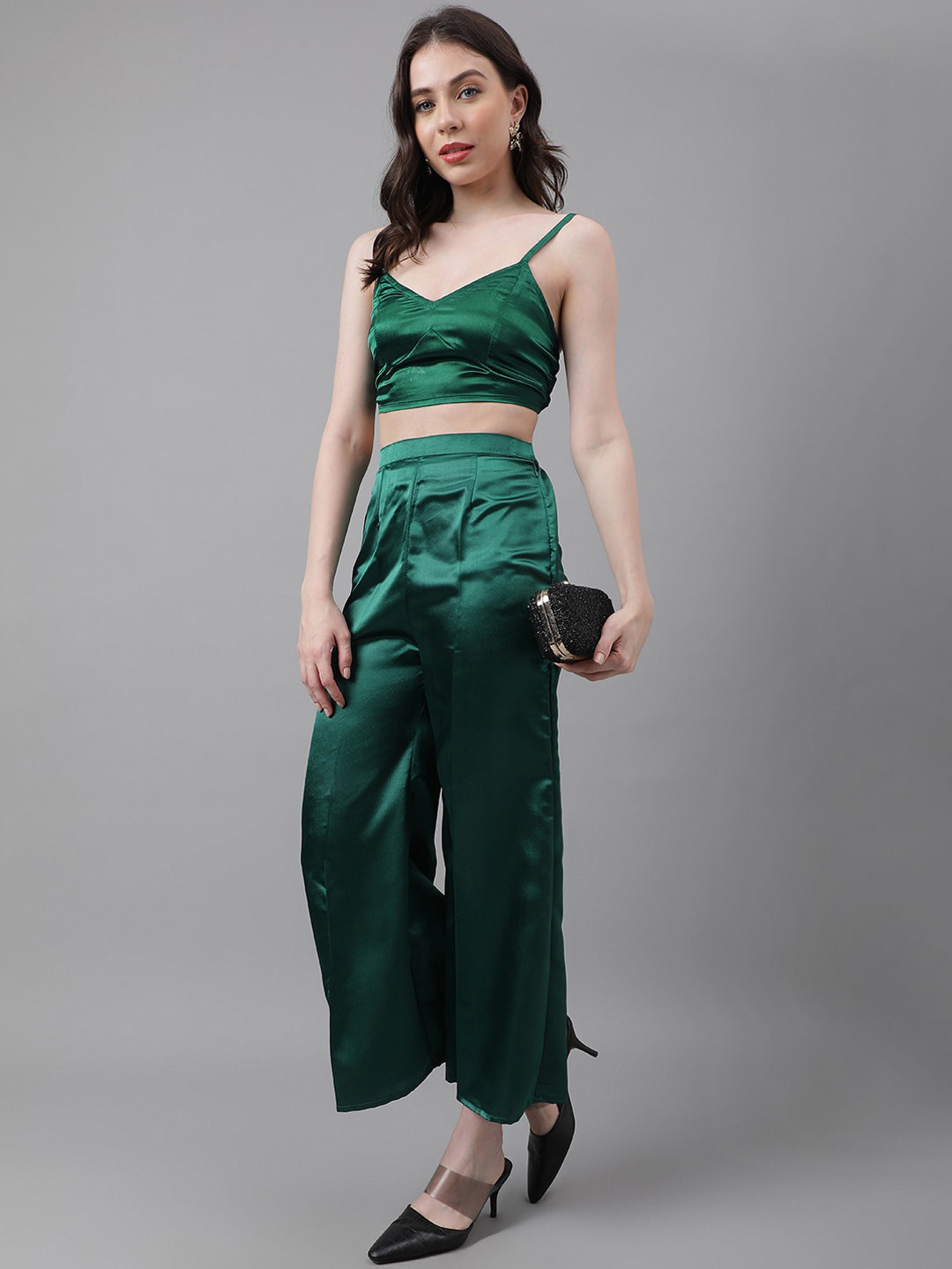 

TRYMISFIT Shoulder Straps Crop Top With Palazzo, Green