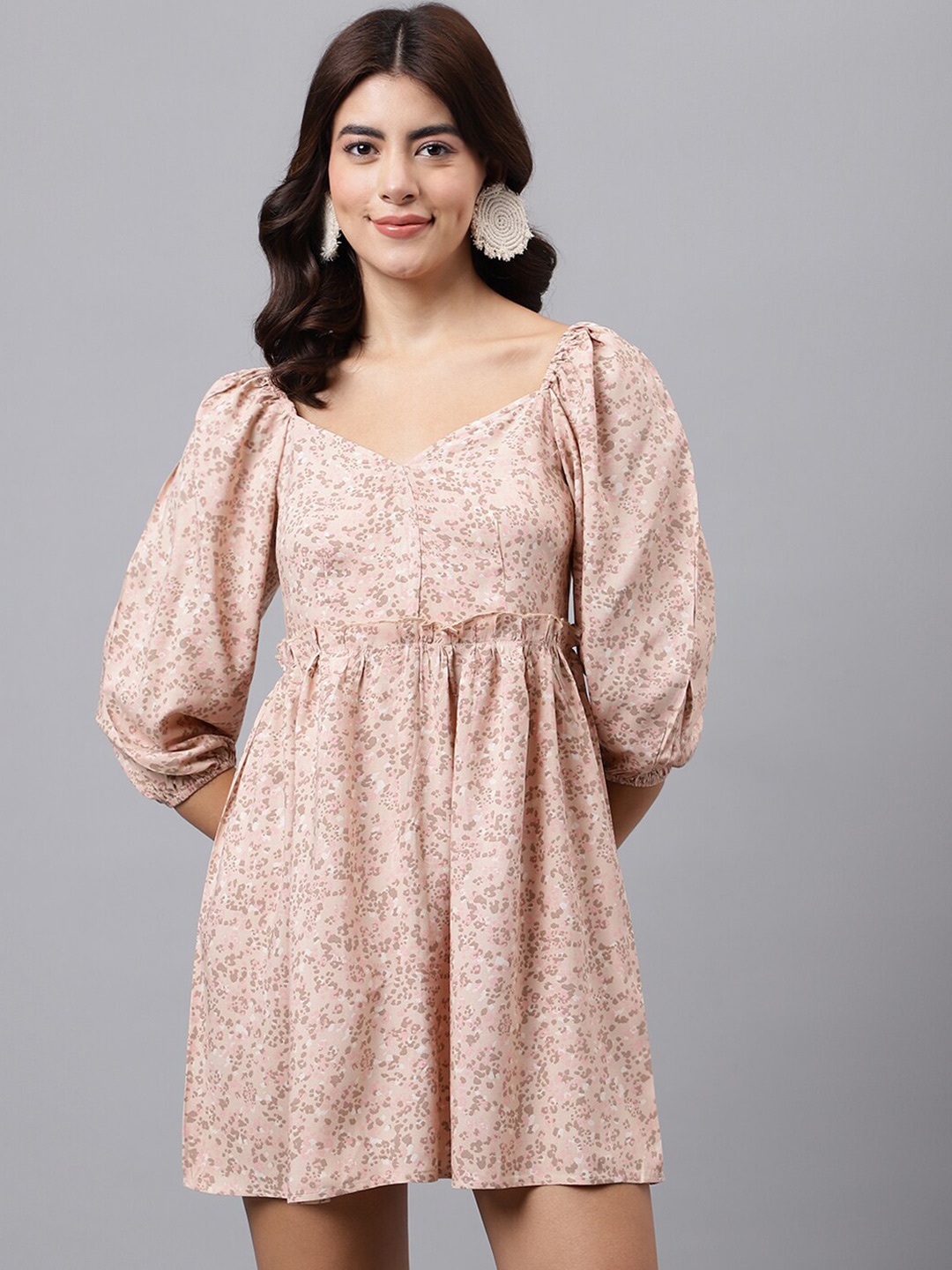 

TRYMISFIT Floral Printed Puff Sleeves Cotton Fit & Flare Dress, Tan