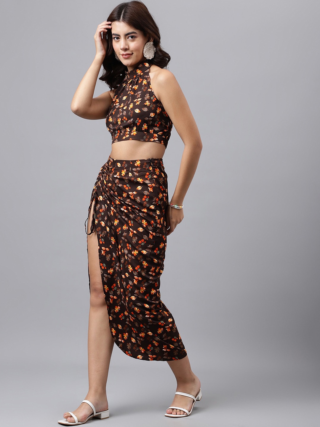

TRYMISFIT Floral Printed Halter Neck Crop Top With Thigh-Slit Midi Skirt, Brown