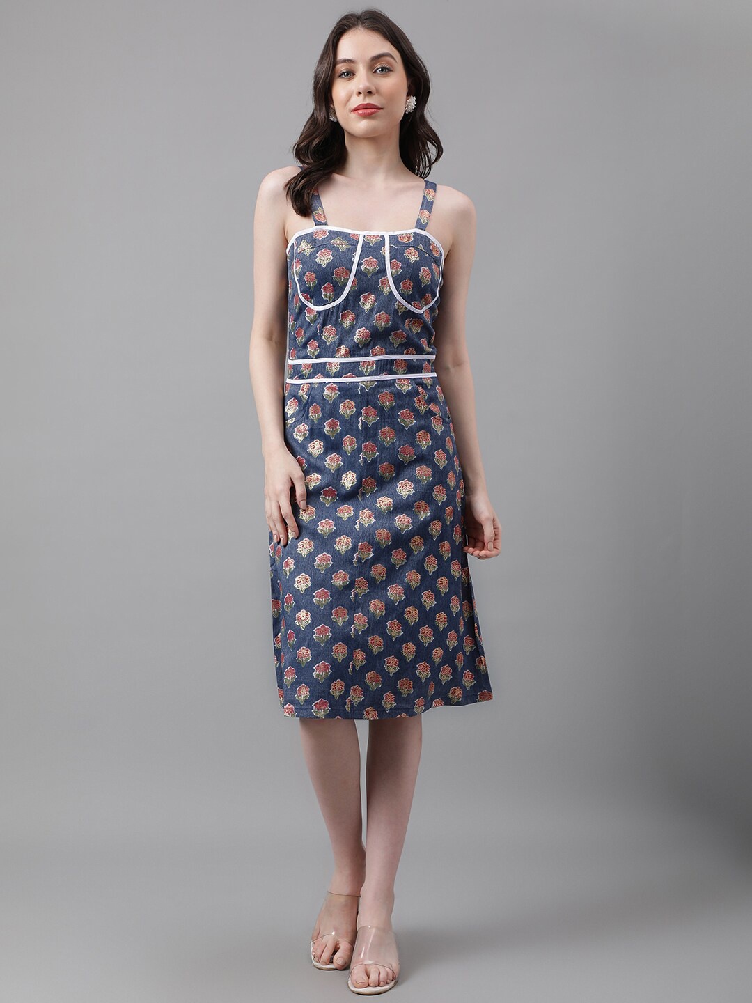 

TRYMISFIT Ethnic Motifs Printed Shoulder Strap Cotton Sheath Dress, Blue