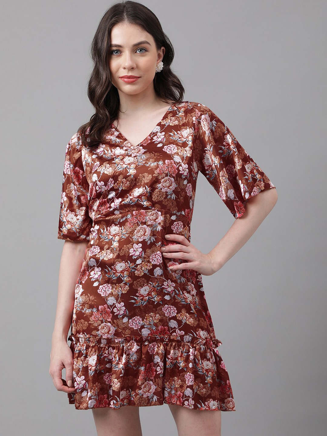 

TRYMISFIT Floral Printed Flared Sleeves Cotton A-Line Dress, Maroon