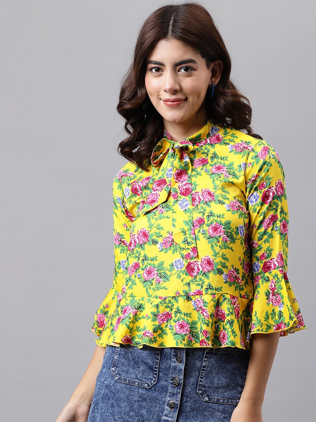 

TRYMISFIT Floral Printed Tie Ups Cotton Peplum Top, Yellow