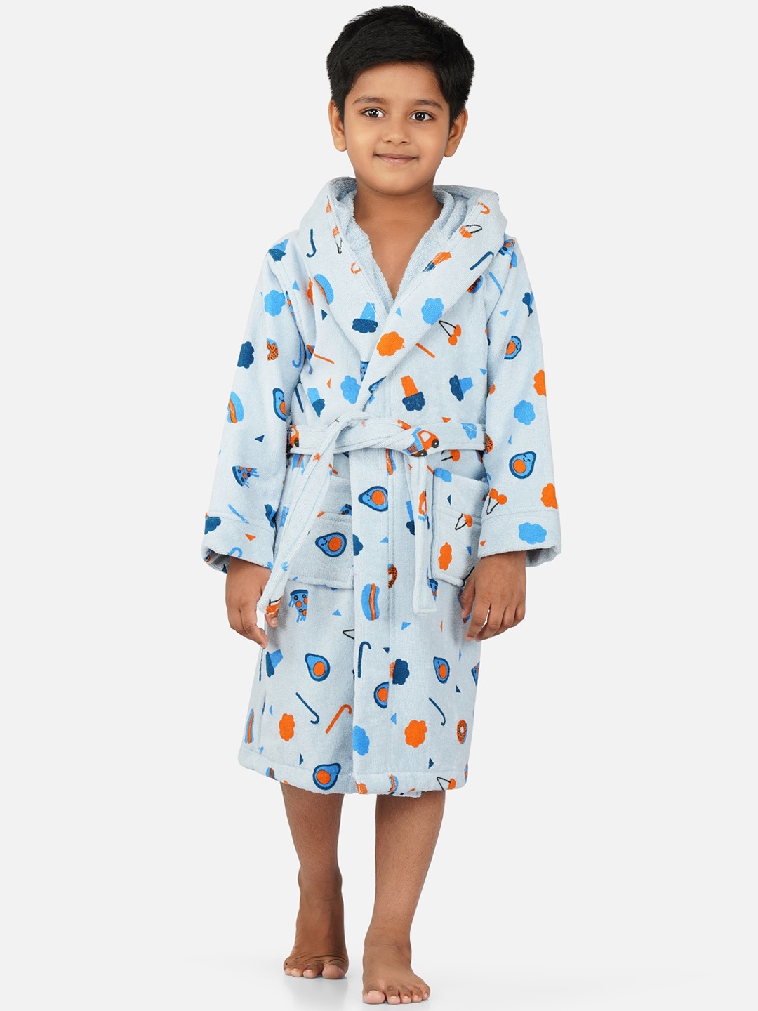 

RANGOLI Kids Blue & Orange Printed Pure Cotton Super Absorbent 400 GSM Bath Robe