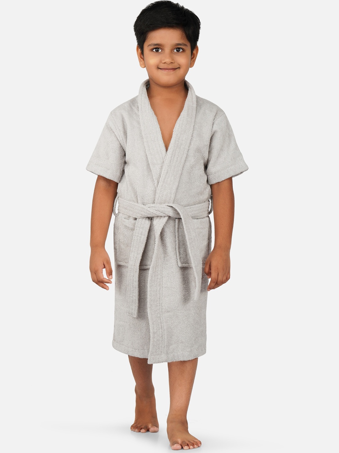 

RANGOLI Kids Grey Shawl Collar Pure Cotton Super Absorbent 400 GSM Bath Robe