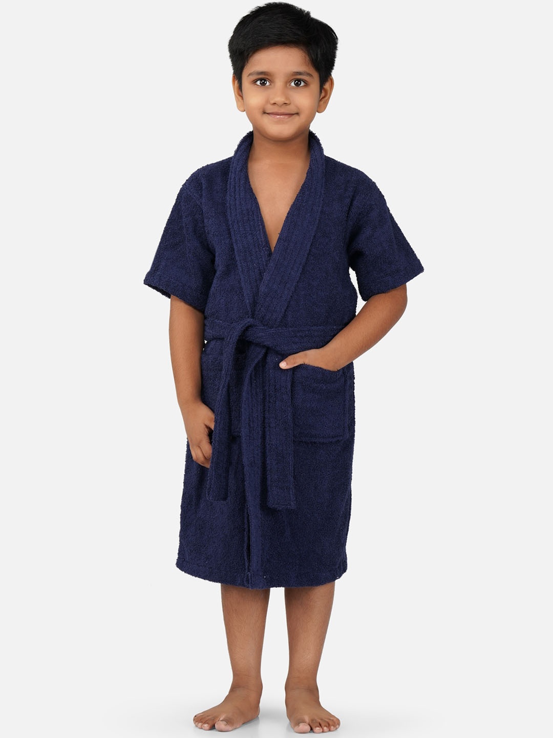 

RANGOLI Kids Pure Cotton 400 GSM Belted Bath Robe, Navy blue
