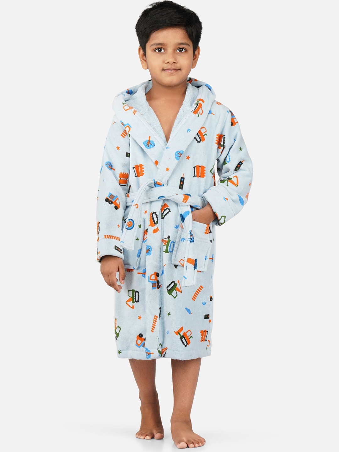 

RANGOLI Kids Blue & Orange Printed Pure Cotton Super Absorbent 400 GSM Bath Robe