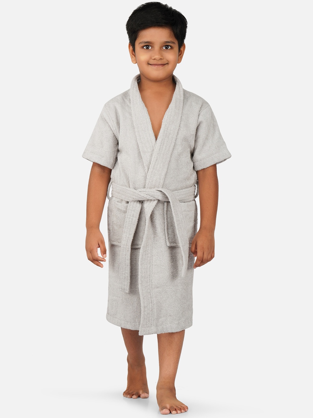 

RANGOLI Kids Grey Shawl Collar Pure Cotton Super Absorbent 400 GSM Bath Robe
