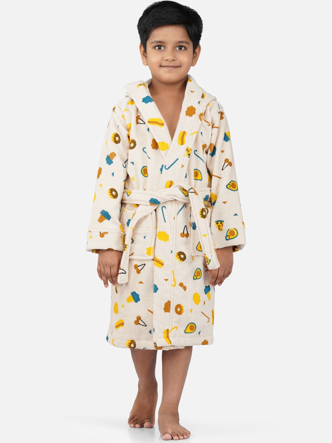 

RANGOLI Kids Printed Pure Cotton 400 GSM Belted Bath Robe, Beige