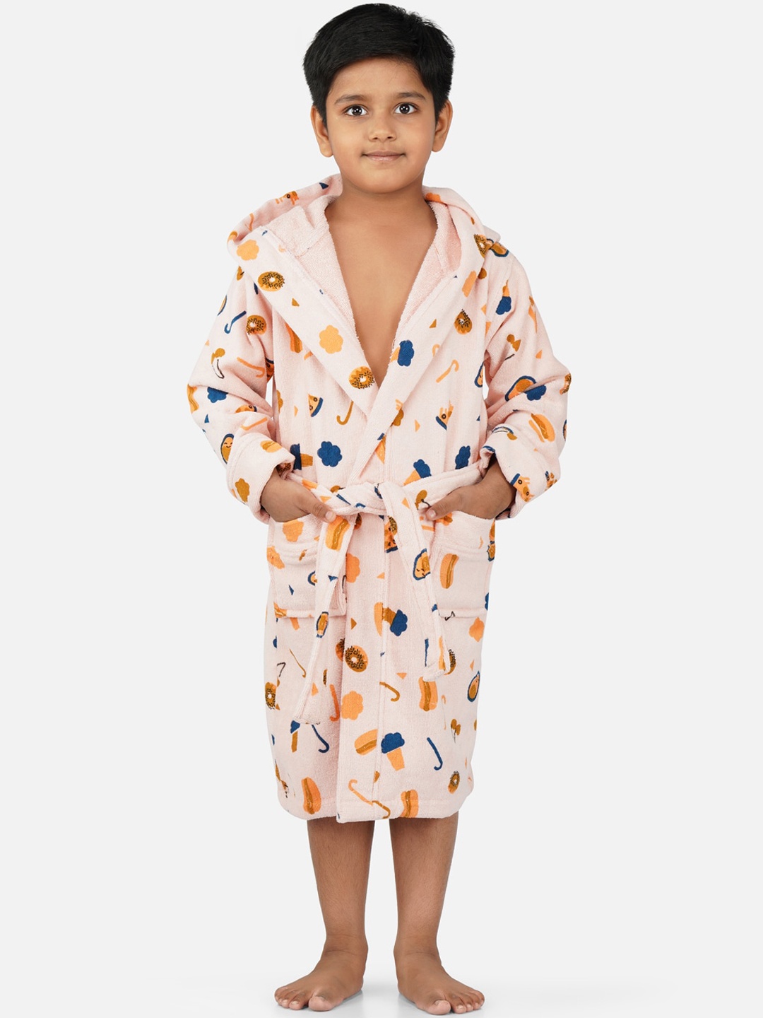 

RANGOLI Kids Peach Printed Pure Cotton Super Absorbent 400 GSM Bath Robe