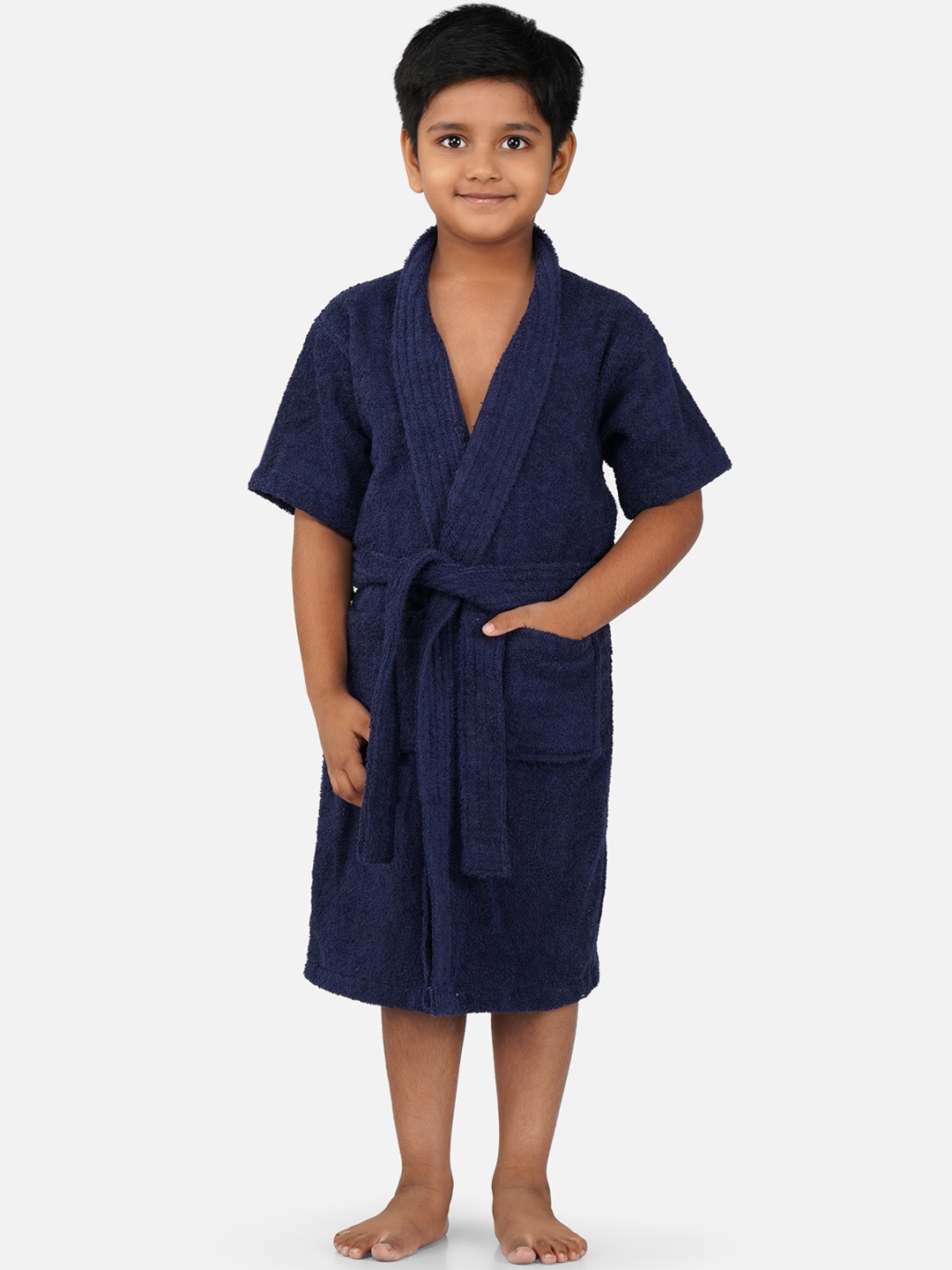 

RANGOLI Kids Shawl Collar Pure Cotton 400 GSM Bath Robe, Navy blue