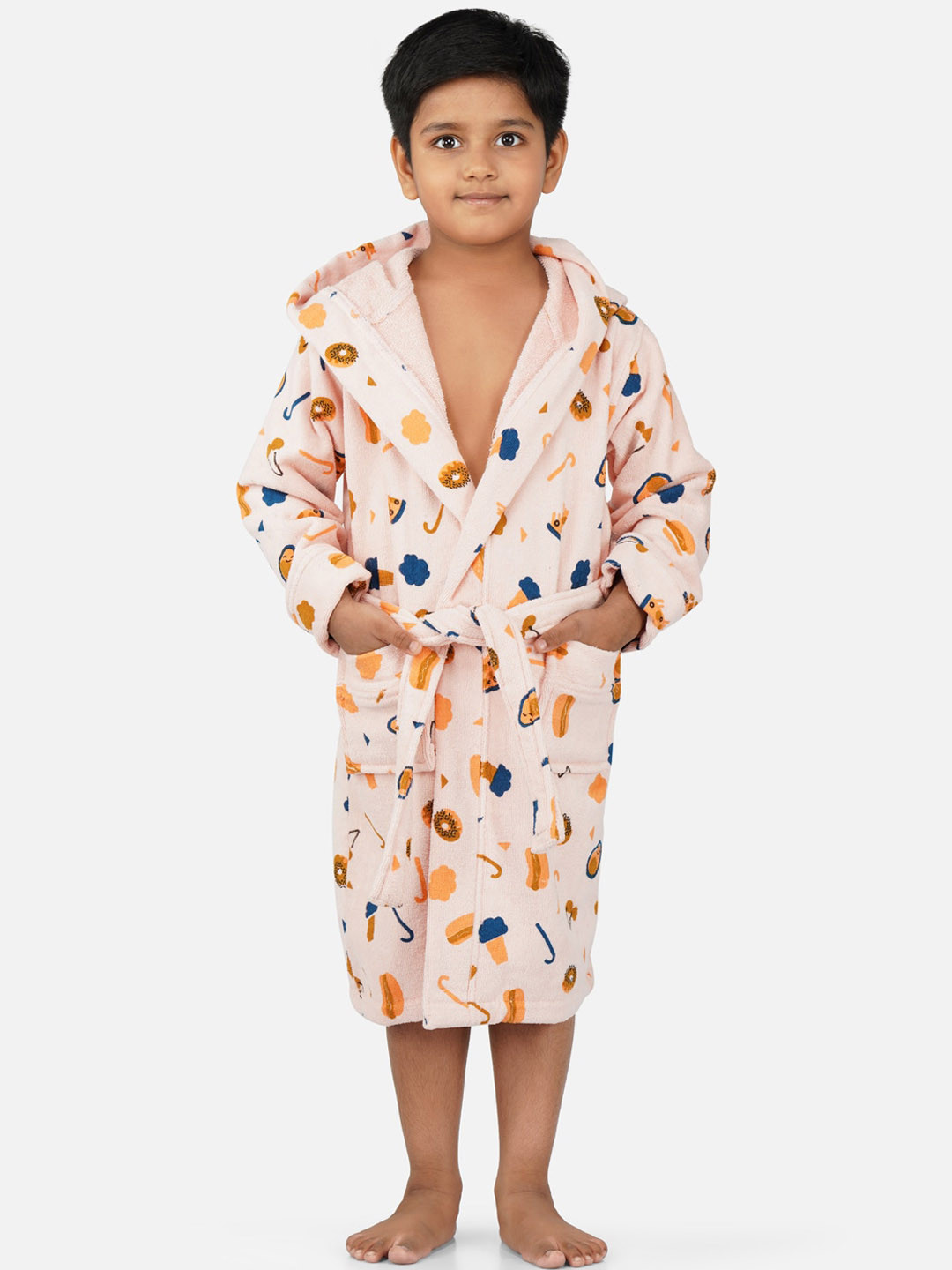 

RANGOLI Kids Printed Hooded 400 GSM Pure Cotton Bath Robe, Peach