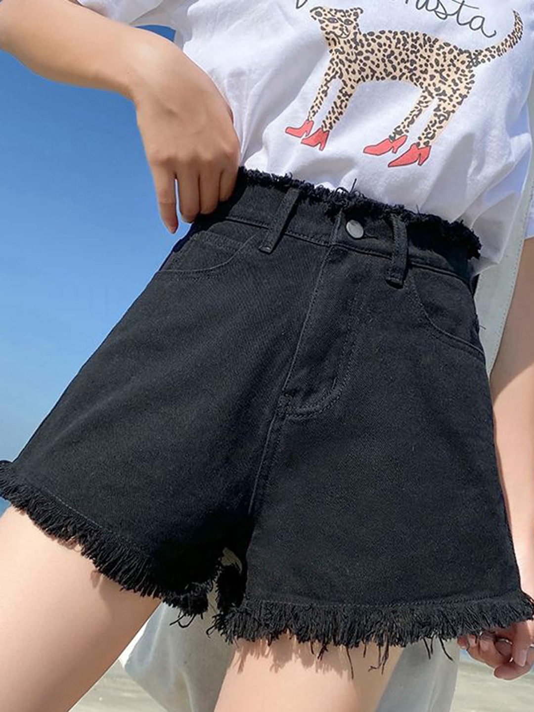 

LULU & SKY Women Slim Fit High-Rise Denim Shorts, Black
