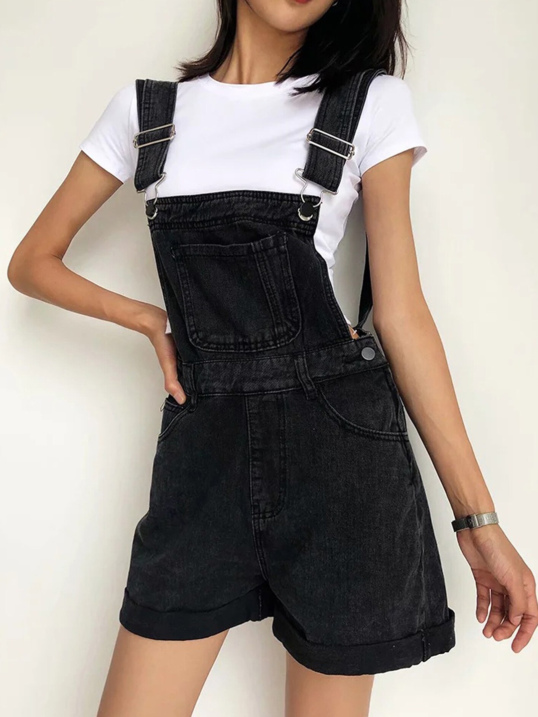 

LULU & SKY Slim Fit High-Rise Cotton Denim Dungarees, Black