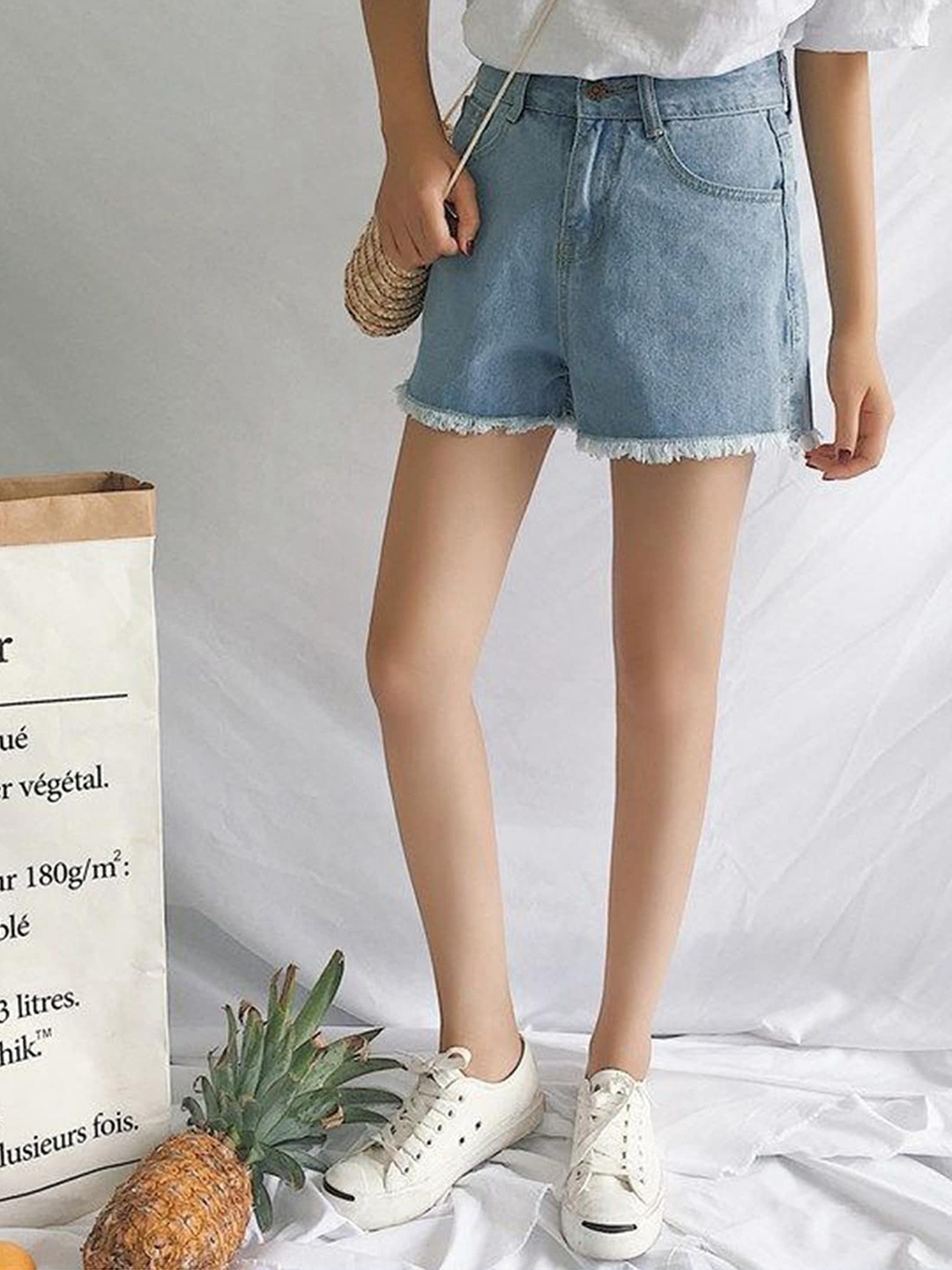 

LULU & SKY Women Slim Fit High Rise Cotton Denim Shorts, Blue