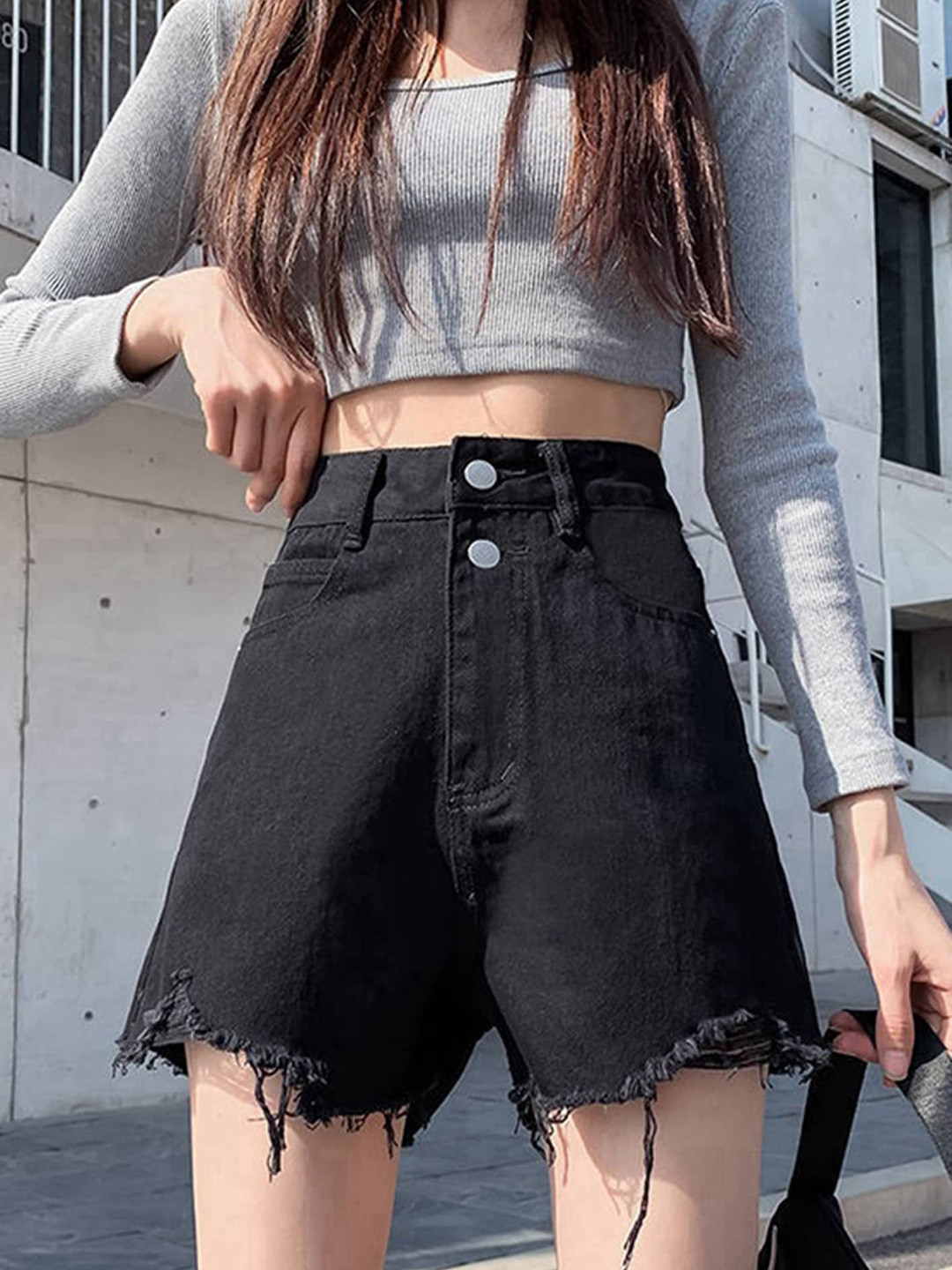 

LULU & SKY Women Slim Fit High-Rise Denim Shorts, Black