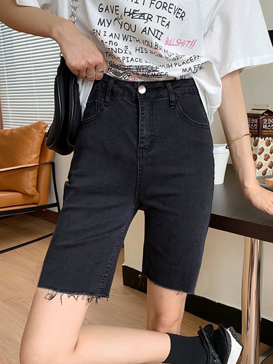 

LULU & SKY Women Slim Fit Distressed High-Rise Denim Shorts, Black