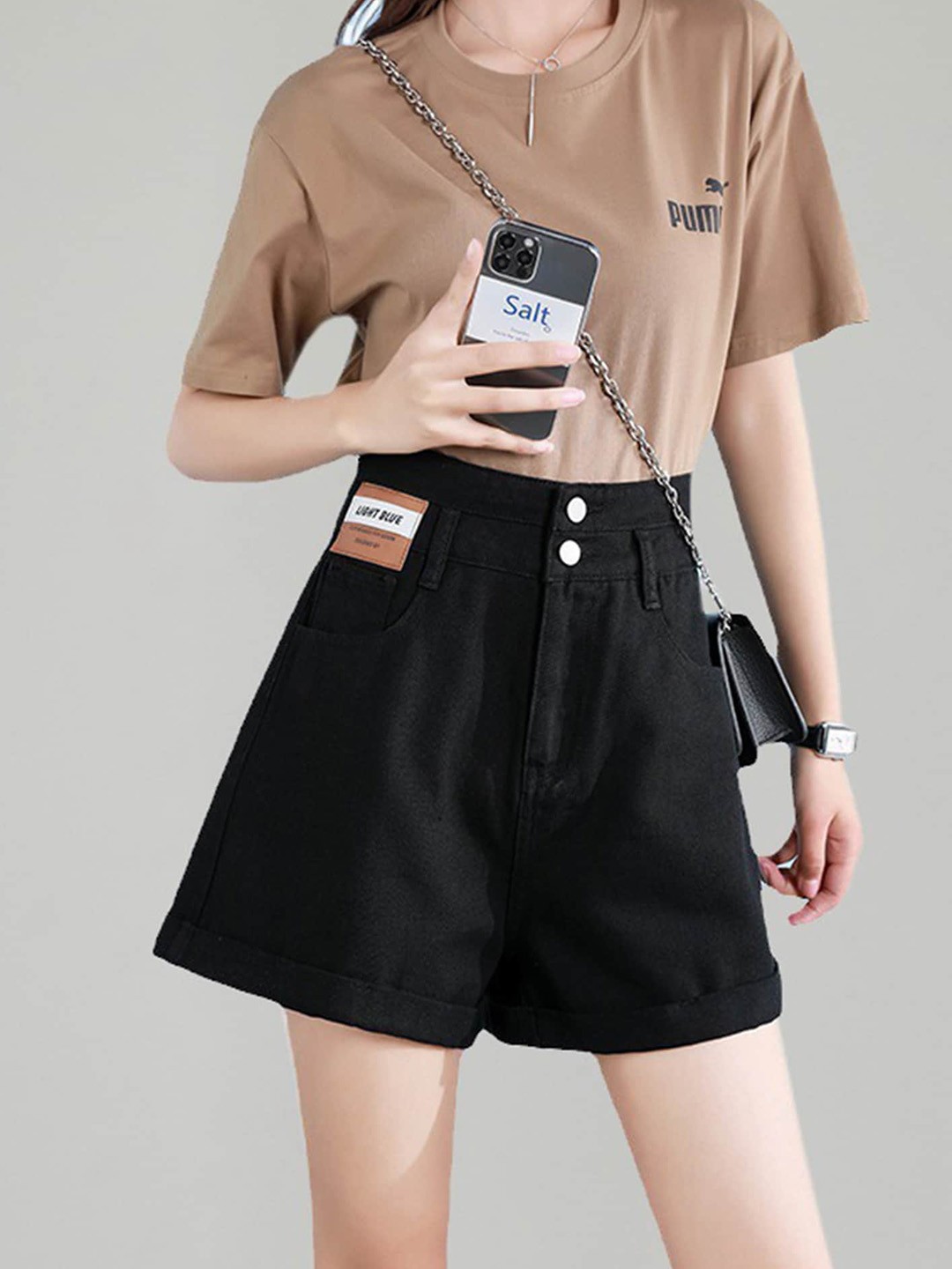 

LULU & SKY Women Slim Fit High-Rise Denim Shorts, Black