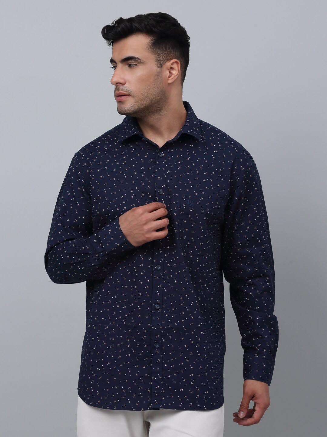 

Cantabil Comfort Micro Ditsy Printed Spread Collar Long Sleeve Pocket Cotton Casual Shirt, Navy blue