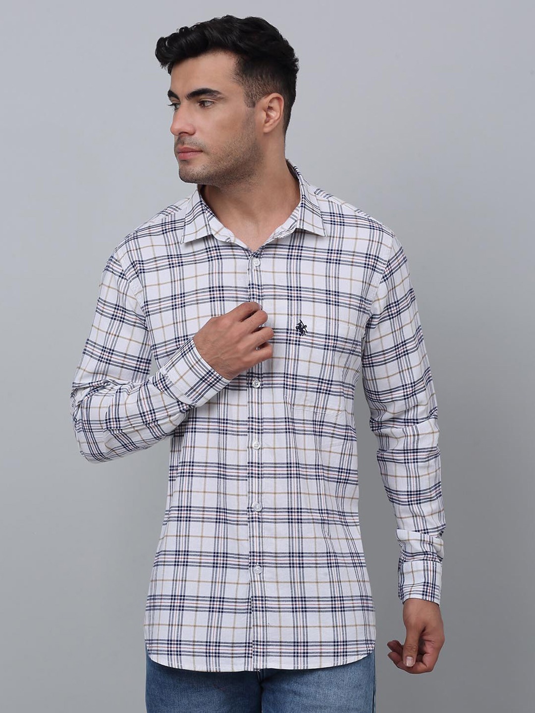 

Cantabil Comfort Tartan Checked Spread Collar Long Sleeve Pocket Cotton Casual Shirt, White