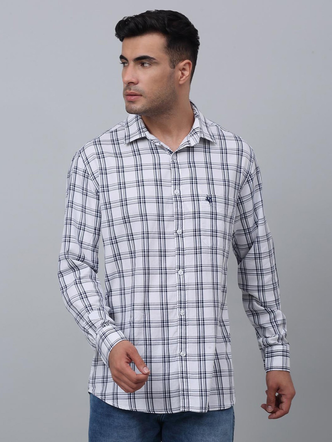 

Cantabil Comfort Tartan Checked Spread Collar Long Sleeve Pocket Cotton Casual Shirt, White