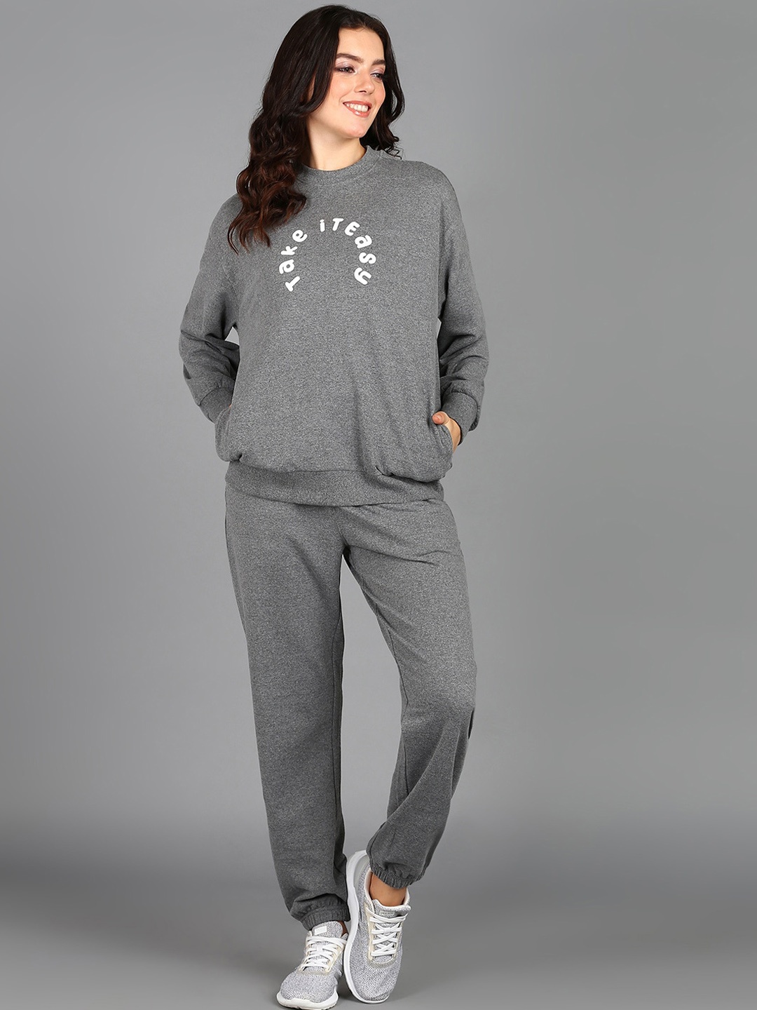 

The Roadster Lifestyle Co. Grey Typography Printed Long Sleeves Mid-Rise Tracksuit