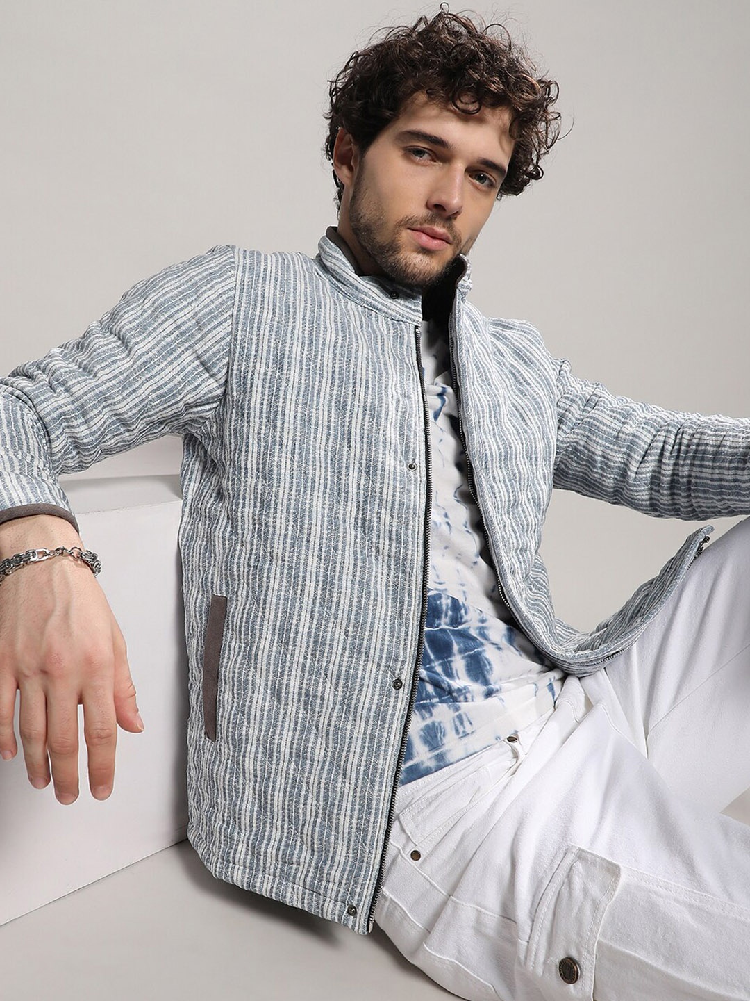 

Campus Sutra Grey & White Striped Windcheater Cotton Biker Jacket