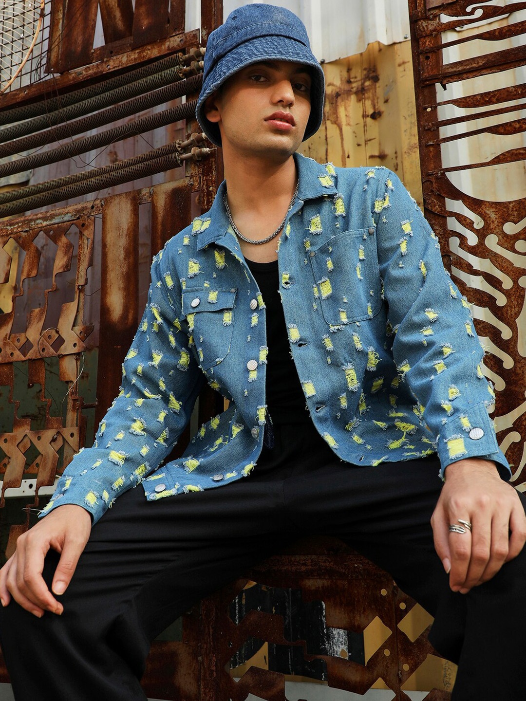 

Campus Sutra Blue & Yellow Self Design Windcheater Cotton Denim Jacket